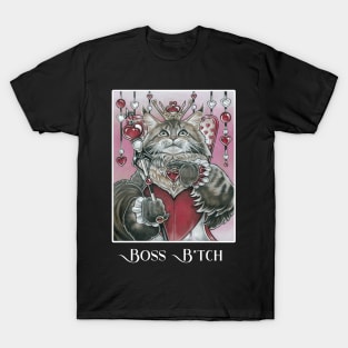 Queen of Hearts Cat - Boss B*tch - White Outlined Version T-Shirt